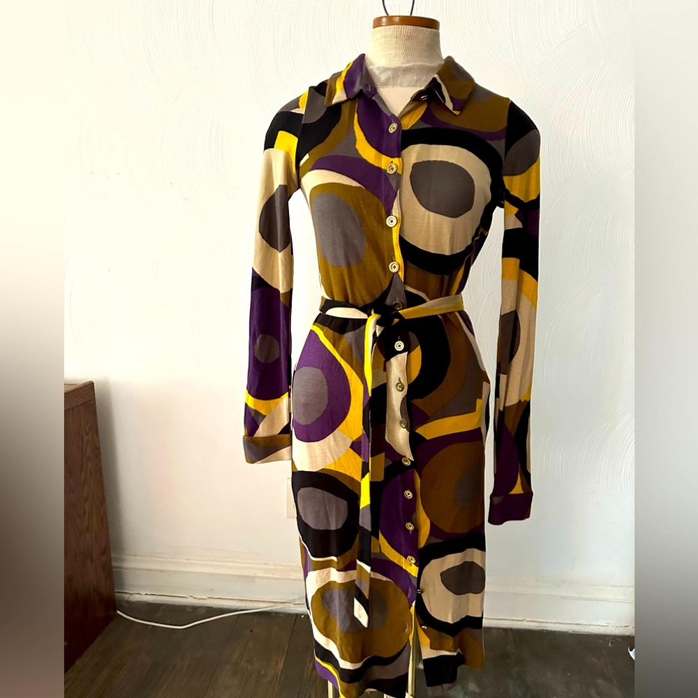 RARE BODEN geometric button down, tie waist, Long Sleeve Dress Sz 4L